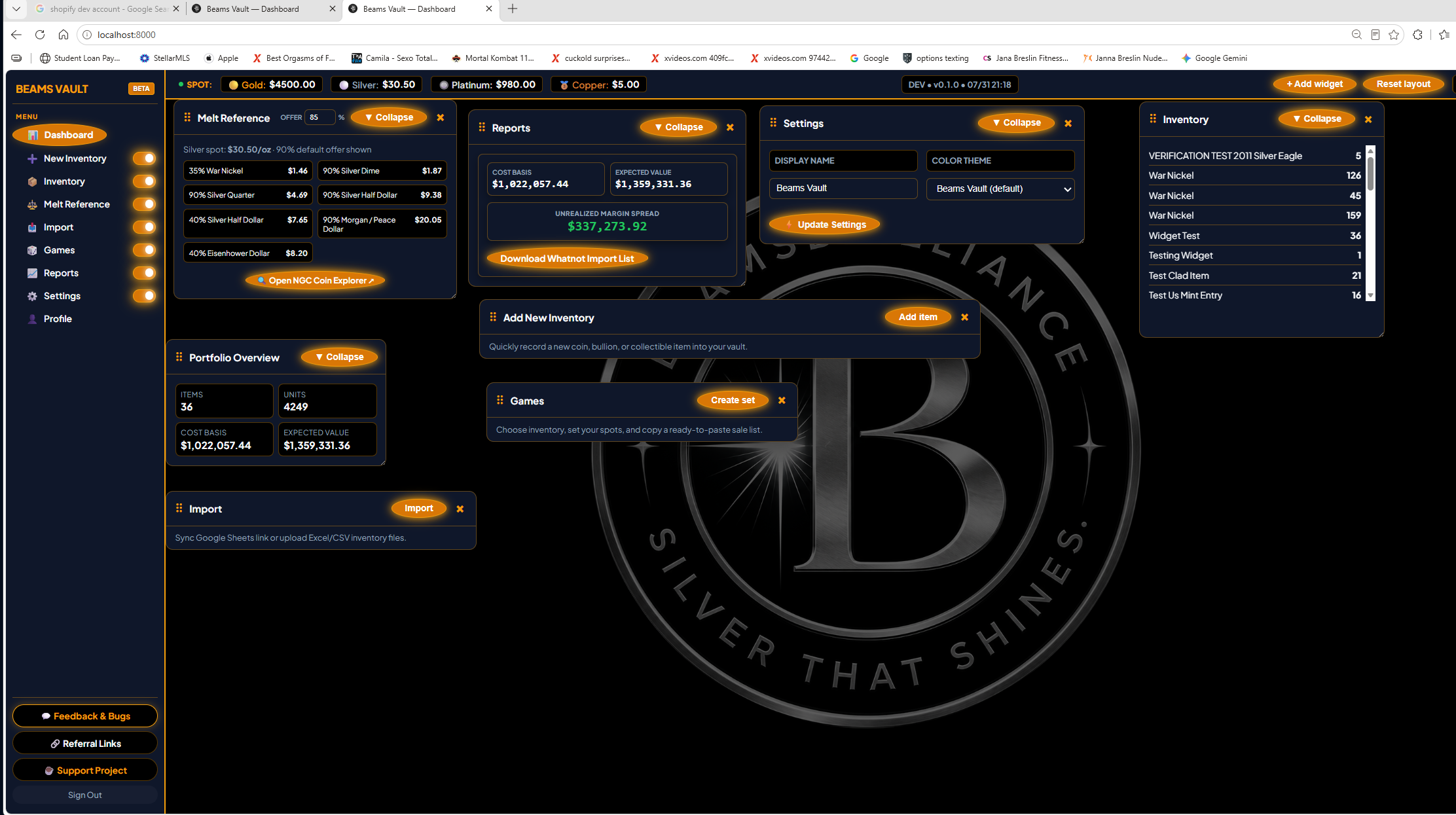 Beams Vault customizable dashboard